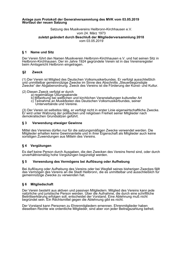 Erste Seite der Satzung des Musikvereins Heilbronn-Kirchhausen